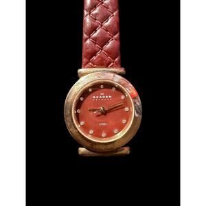 Skagen ALIGN 2200/290 Wristwatch Brownish Red Quilted Leather Crystal Dial
